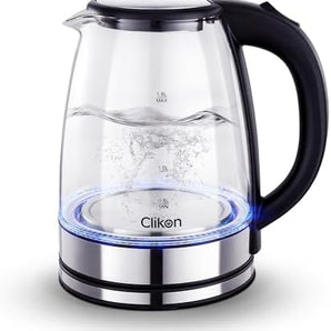 Clikon 1.8L Glass Electric Cordless Kettle: 360° Swivel Base, Auto Cut-off, LED Indicator, 1500W, 2-Year Warranty (Clear - CK5138)