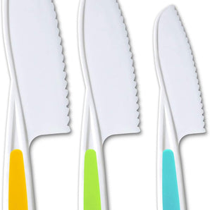 RAGAZZACUCINE Kids Knife Set of 3 - Firm Grip, Serrated Edges & Safe – Colorful Nylon Toddler Cooking Knives to Cut Fruits, Salad, Cake, Lettuce (MultiColor)