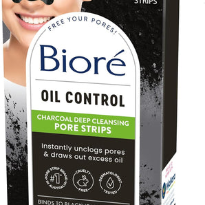 Biore Charcoal, Deep Cleansing Pore Strips for Blackhead Removal on Oily Skin, with Instant Blackhead Removal and Pore Unclogging, features Natural Charcoal, 3x Less Oily Feeling Skin, 6 Count