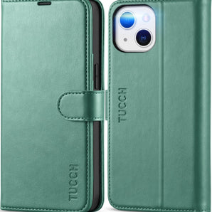 TUCCH Wallet Case for iPhone 13 (6.1") 2021 5G, Magnetic PU Leather Case with [RFID Blocking][Shockproof TPU][Viewing Stand][Credit Card Slot] Flip Cover Compatible with iPhone 13, Myrtle Green